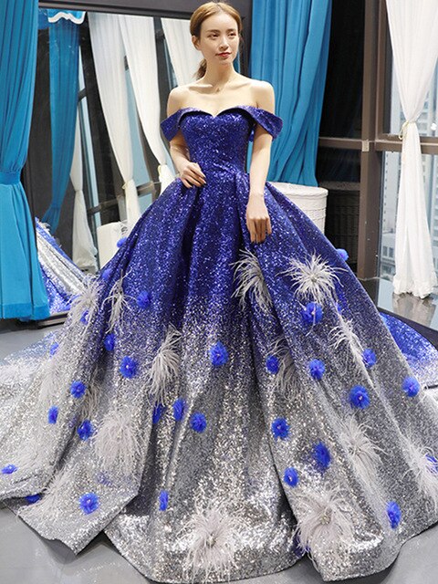 Blue Dress Quinceanera  Sweetheart Off The Shoulder Short Sleeve Appliques Flowers - LiveTrendsX