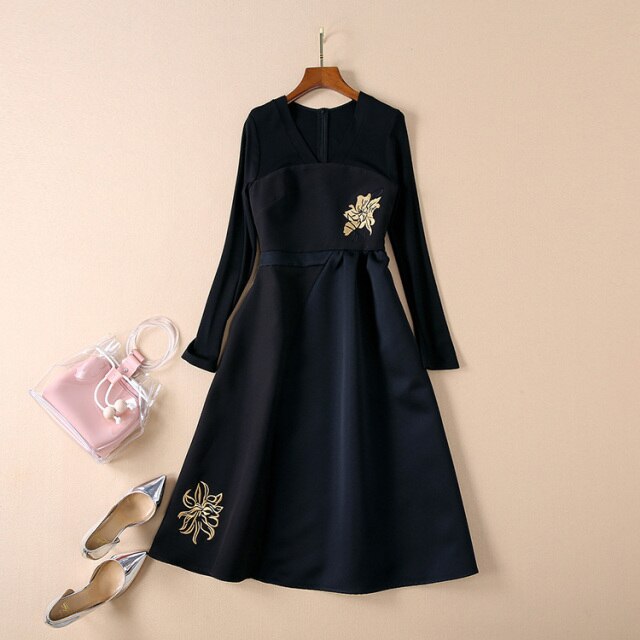 Women's V-neck vintage Embroidered slim black party dresses