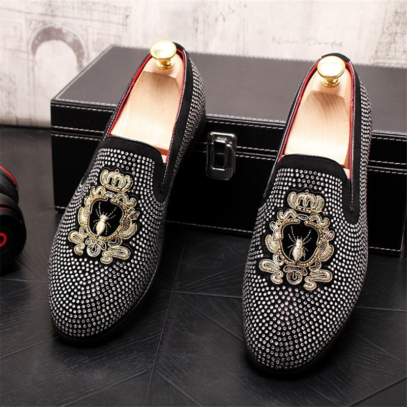 Embroidery Luxury Men's Casual Loafers Rhinestone Slip-on Lazy Prom Wedding Party Dress Shoes - LiveTrendsX