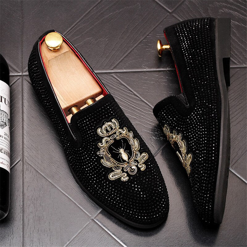 Embroidery Luxury Men's Casual Loafers Rhinestone Slip-on Lazy Prom Wedding Party Dress Shoes - LiveTrendsX