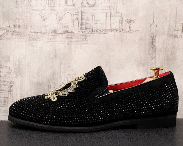 Embroidery Luxury Men's Casual Loafers Rhinestone Slip-on Lazy Prom Wedding Party Dress Shoes - LiveTrendsX