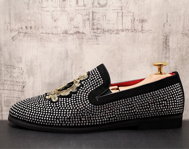 Embroidery Luxury Men's Casual Loafers Rhinestone Slip-on Lazy Prom Wedding Party Dress Shoes - LiveTrendsX