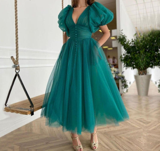 Green Puffy Sleeves Plus size Evening Dresses Gowns 2021 Ankle Length A-line Sexy For Women Party - LiveTrendsX