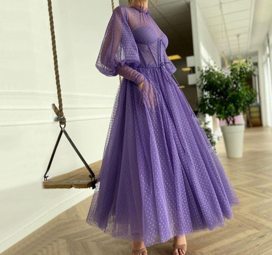 Lilac Lantern Sleeves Evening Dresses Gowns 2021 A-Line Sexy Ankle Length For Women Party Night - LiveTrendsX