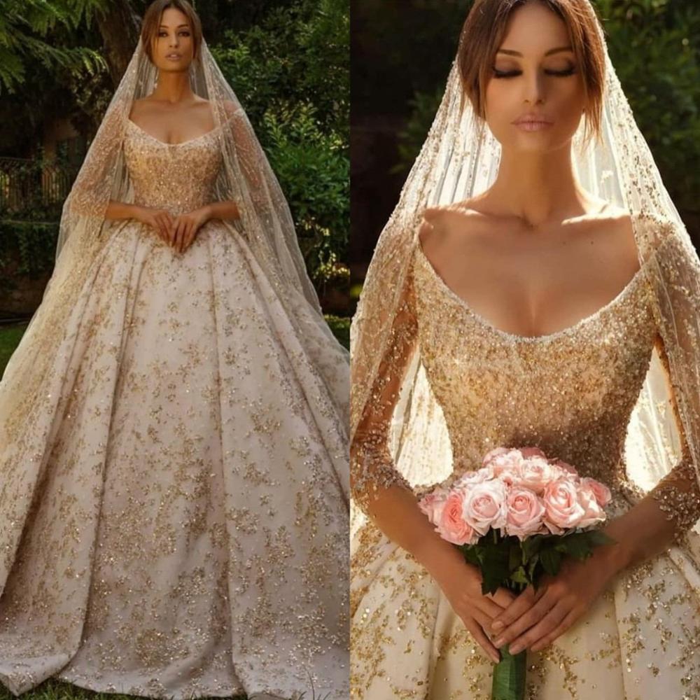 Sparkly Champagne A Line Wedding Dresses Sequins Scoop Neck Vintage Bridal Gowns Customise Arabic Luxury Robes De Mariée - LiveTrendsX