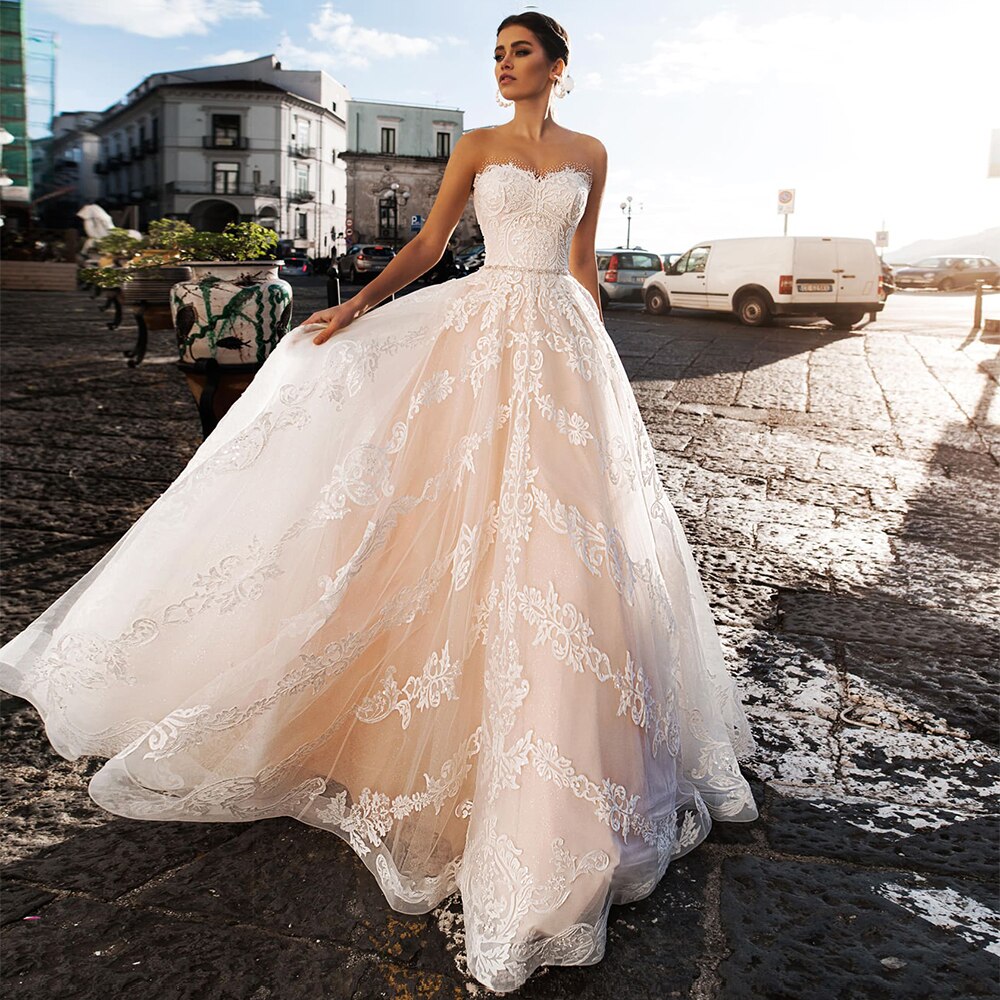 2021 New Illusion O Neck Off Shoulder Button A-Line Wedding Dresses Appliqued Beading Crystal Floor Length Bridal Gowns - LiveTrendsX