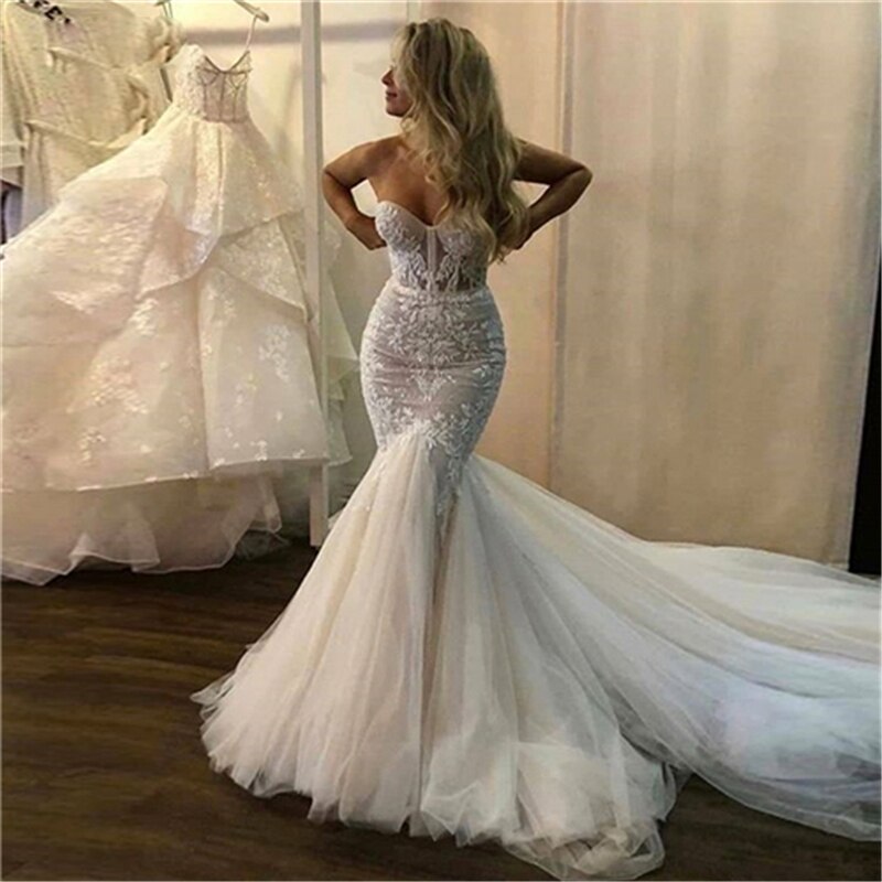 Gy Mermaid Strapless Boho Fish Bridal Gowns Open Back Princess Party Gowns Lace Wedding Dresses With Puffy Tulle Skirt - LiveTrendsX