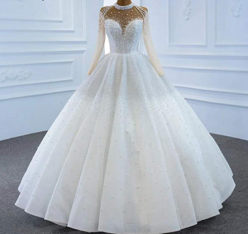 White Sexy Wedding Dress 2021 Beading Pearl Long Sleeves High-end Bridal Gown Custom Made - LiveTrendsX