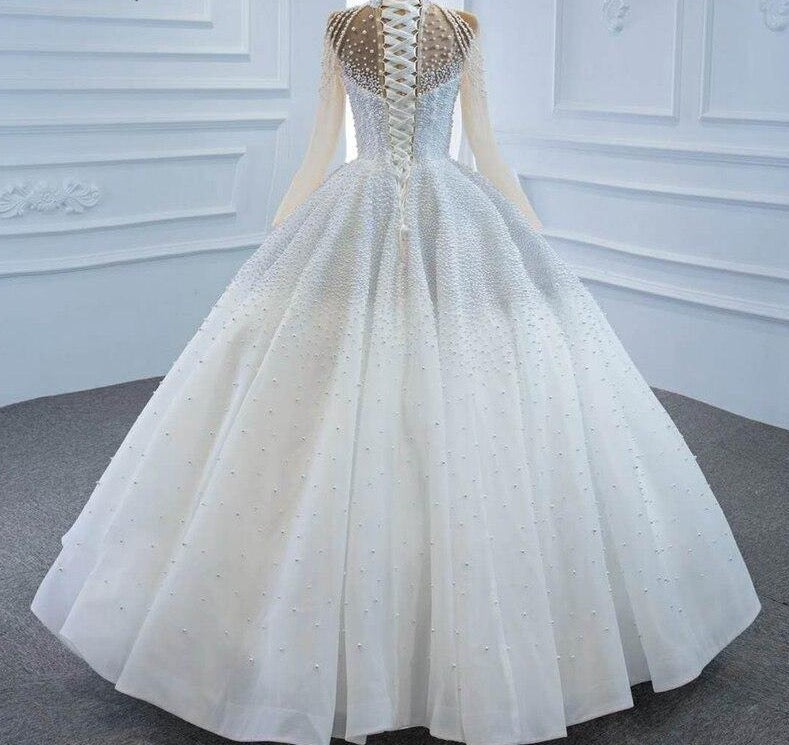 White Sexy Wedding Dress 2021 Beading Pearl Long Sleeves High-end Bridal Gown Custom Made - LiveTrendsX