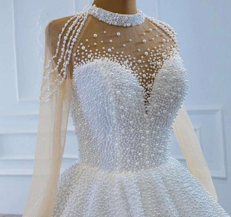 White Sexy Wedding Dress 2021 Beading Pearl Long Sleeves High-end Bridal Gown Custom Made - LiveTrendsX