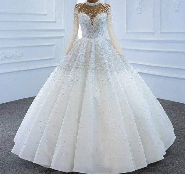 White Sexy Wedding Dress 2021 Beading Pearl Long Sleeves High-end Bridal Gown Custom Made - LiveTrendsX