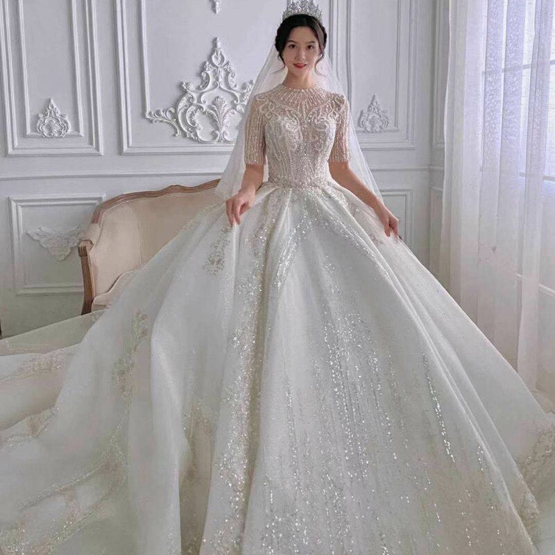 Luxury Arabic Ball Gown Wedding Dress Sleeve Large Beaded Applique Sweetheart Button Back Long Train Wedding Bridal Gowns - LiveTrendsX