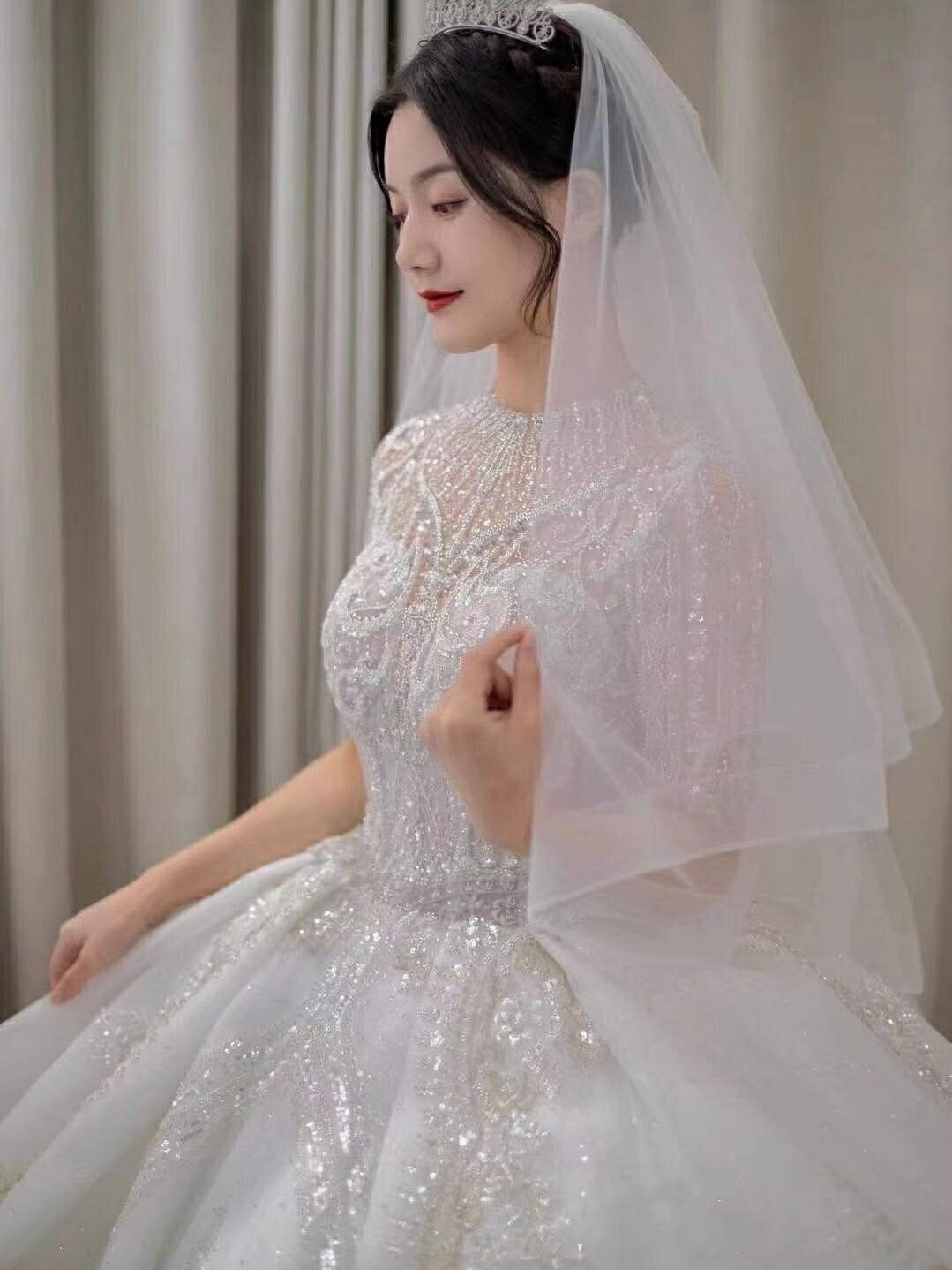 Luxury Arabic Ball Gown Wedding Dress Sleeve Large Beaded Applique Sweetheart Button Back Long Train Wedding Bridal Gowns - LiveTrendsX