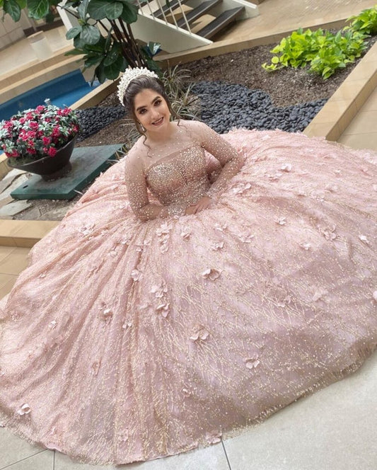 Long Sleeve Ball Gown Champagne Quinceanera Dresses Sequined Beaded Sweet 16 Dress Prom Gowns Gorgeous - LiveTrendsX