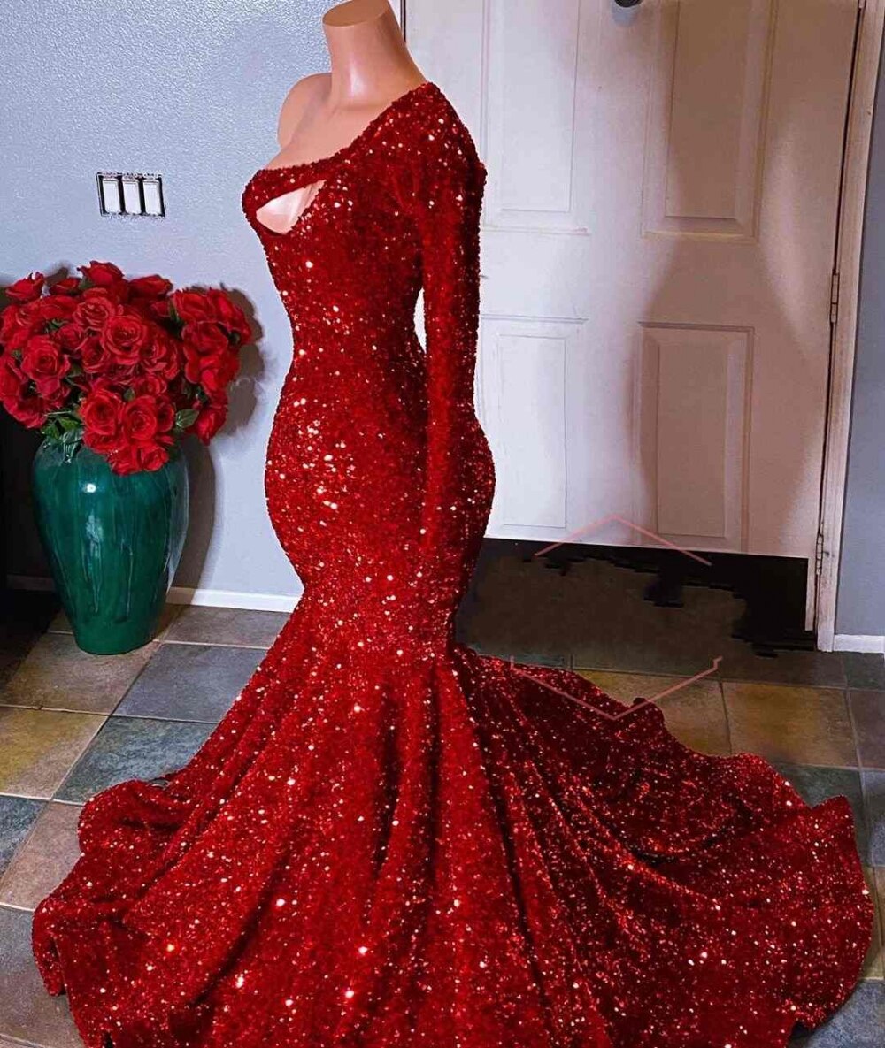 Red Sequin Mermaid Prom Dresses For Black Girls  Plus Size One Shoulder Long Sleeve Sequined Wedding Party Prom Gowns - LiveTrendsX