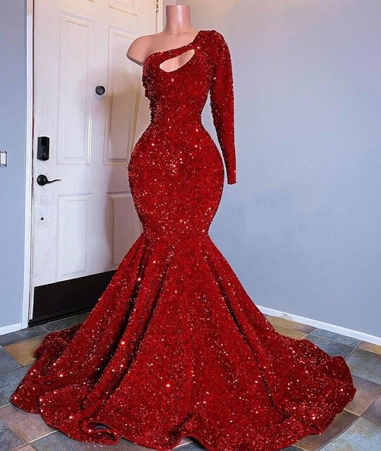 Red Sequin Mermaid Prom Dresses For Black Girls  Plus Size One Shoulder Long Sleeve Sequined Wedding Party Prom Gowns - LiveTrendsX