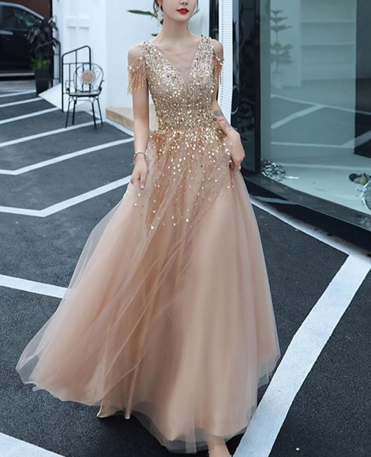 Handmade Sequined Tulle Gowns For Prom  Elegant O-neck A-line Champagne Long Evening Dresses Luxury Special Occasion Dresses - LiveTrendsX