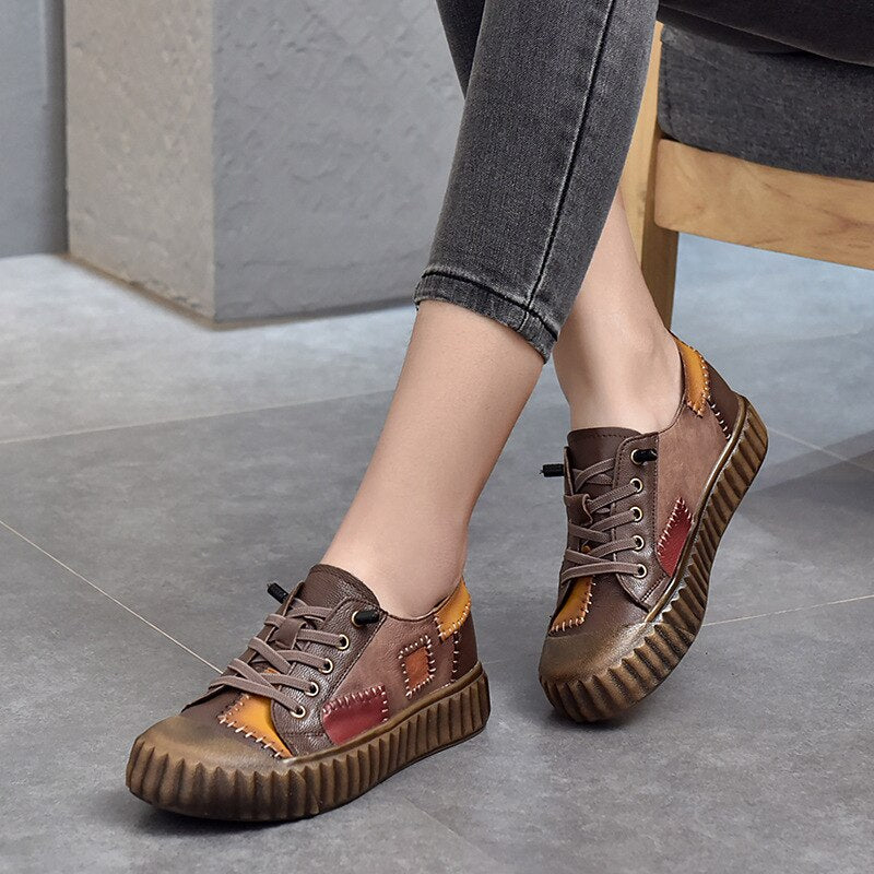 Women Cow Leather Lace-Up Mixed Colors Shallow Shoes