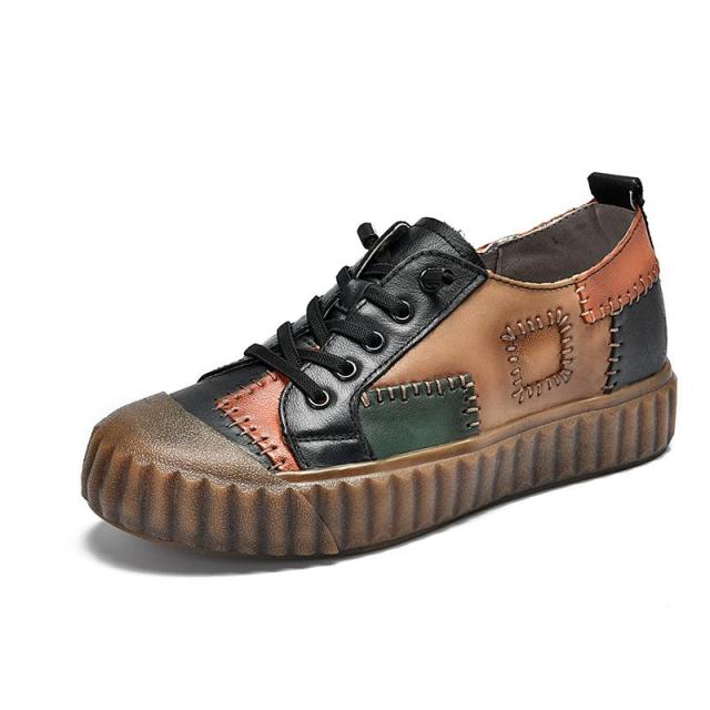 Women Cow Leather Lace-Up Mixed Colors Shallow Shoes