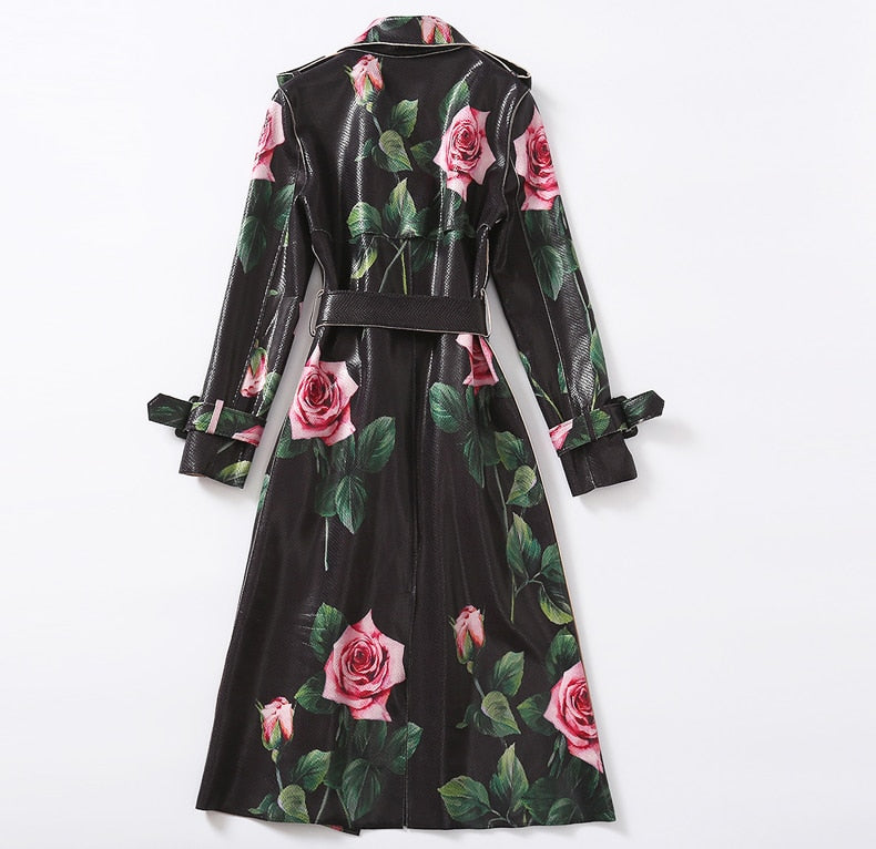 Flower Print Bright Leather trench coat Women