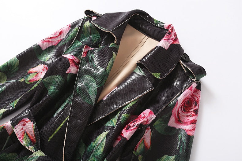 Flower Print Bright Leather trench coat Women