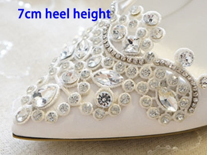 Wedding Shoes Women Pumps White Satin Princess Crystal