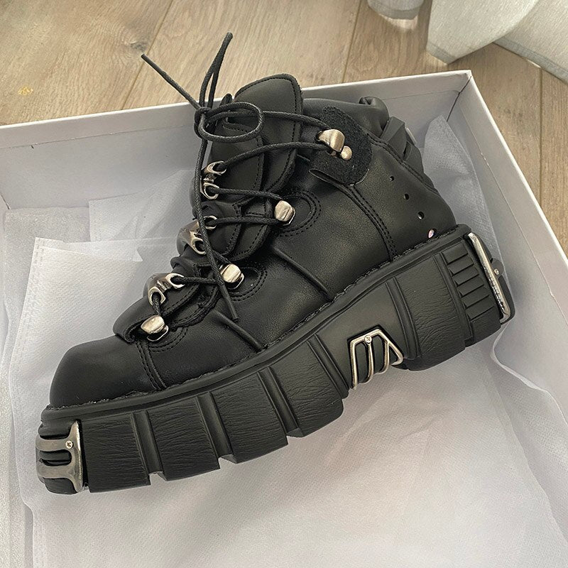 Metal Motorcycle Round Toe Chunky Boots