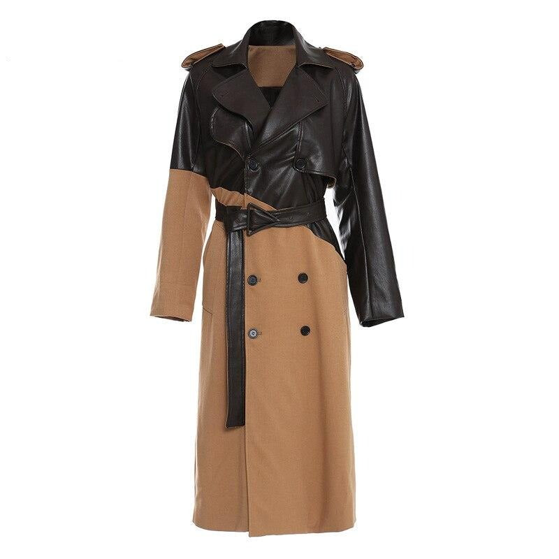 Women Khaki Pu Leather Long Trench