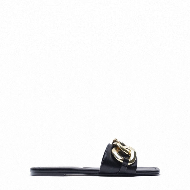 Women Golden Metal Chain Flip Flop