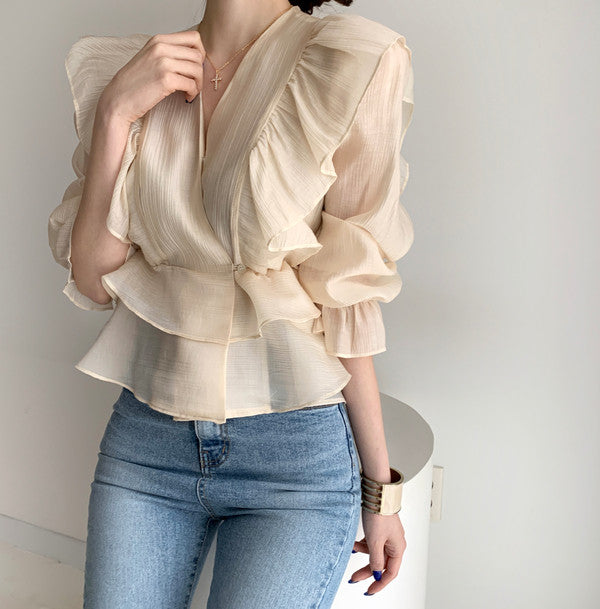 Ruffled Deep V-neck Silk Shirt Flare Sleeve