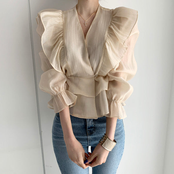 Ruffled Deep V-neck Silk Shirt Flare Sleeve