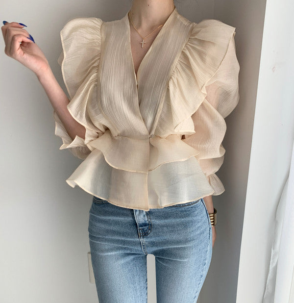 Ruffled Deep V-neck Silk Shirt Flare Sleeve