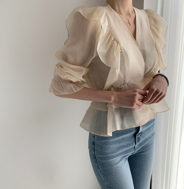 Ruffled Deep V-neck Silk Shirt Flare Sleeve