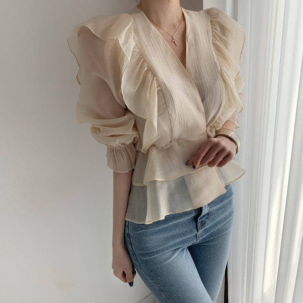 Ruffled Deep V-neck Silk Shirt Flare Sleeve