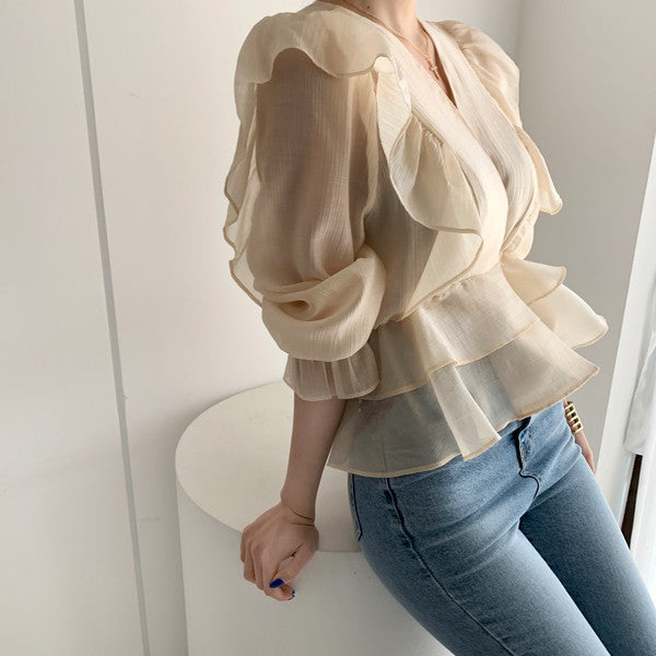 Ruffled Deep V-neck Silk Shirt Flare Sleeve