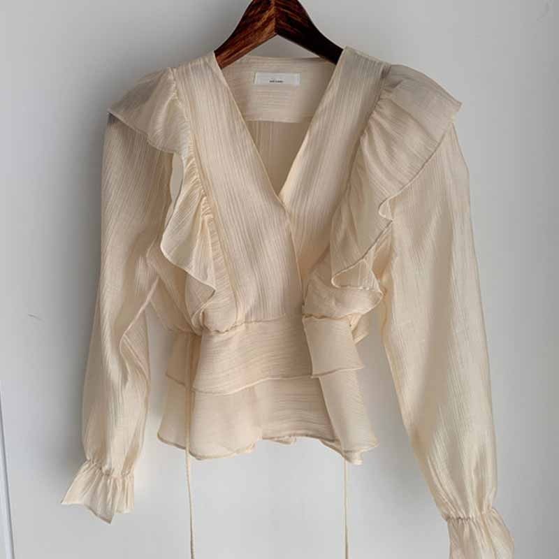 Ruffled Deep V-neck Silk Shirt Flare Sleeve