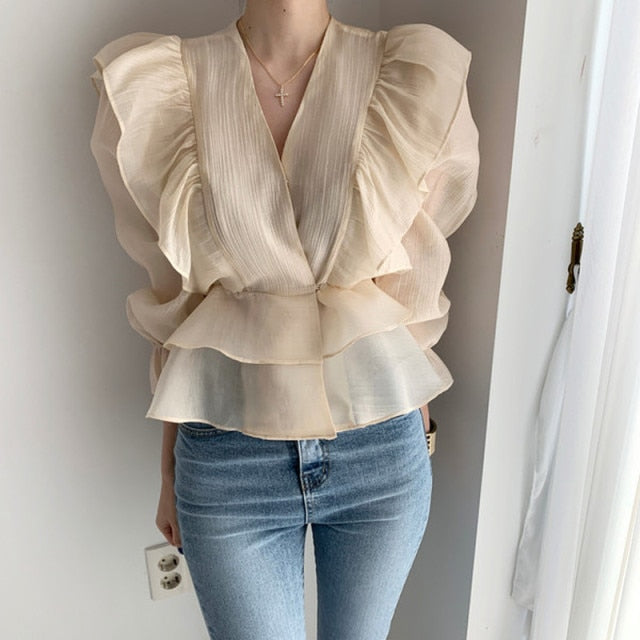 Ruffled Deep V-neck Silk Shirt Flare Sleeve