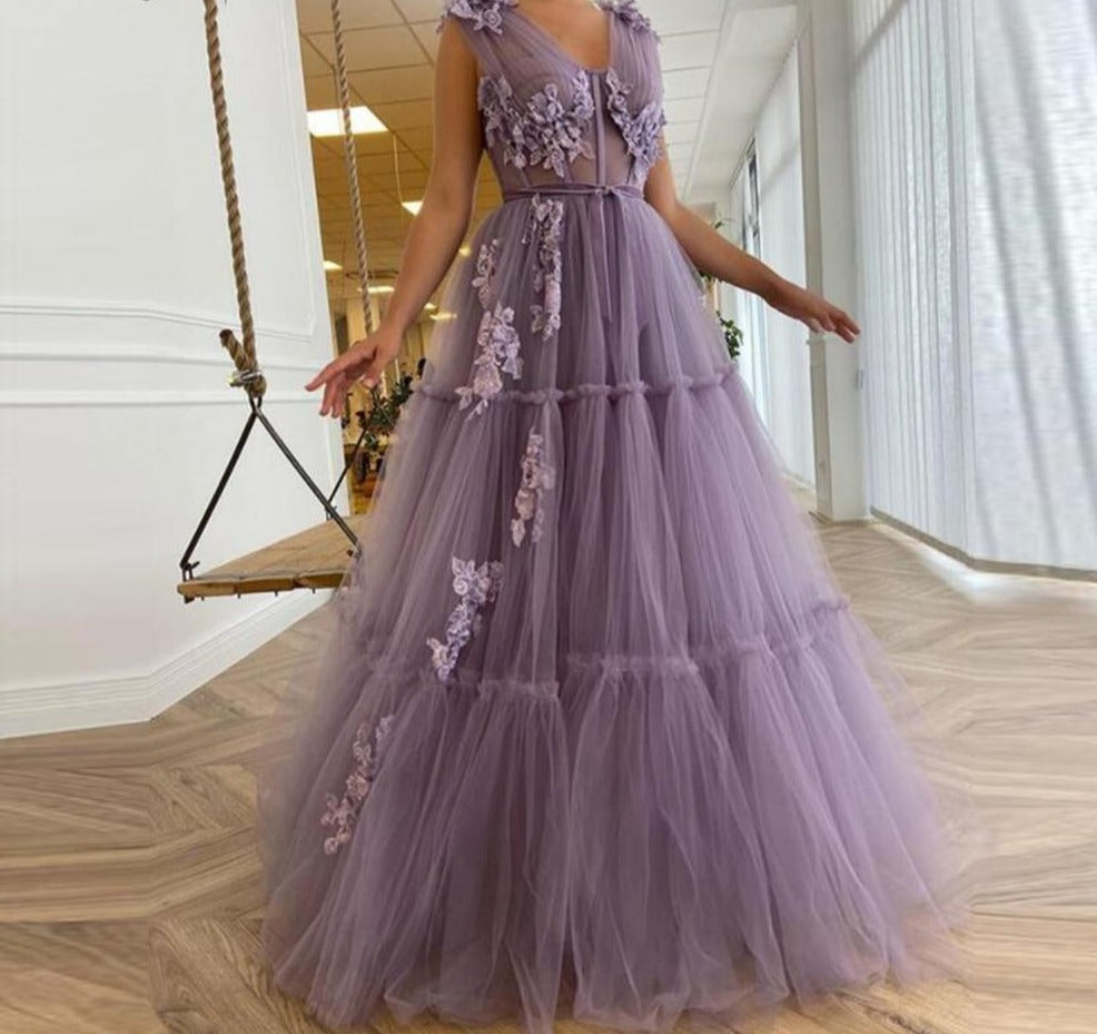 Elegant Lavender Tiered Tulle Long Prom Dresses