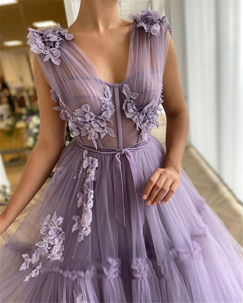 Elegant Lavender Tiered Tulle Long Prom Dresses