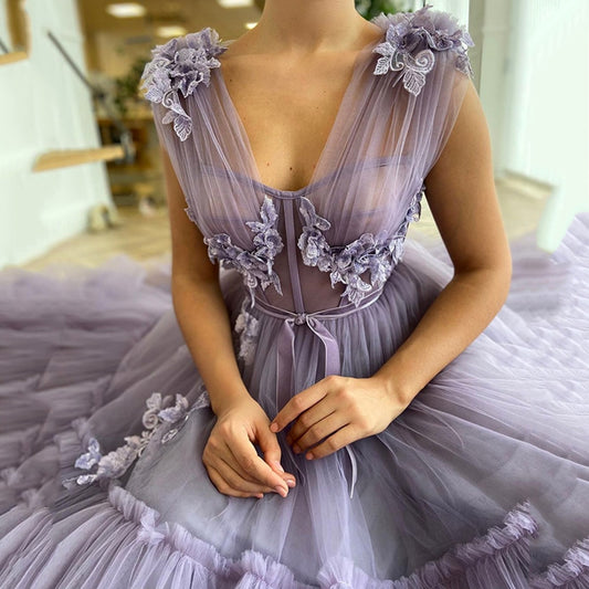 Elegant Lavender Tiered Tulle Long Prom Dresses