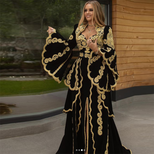 Black Prom Gown A-line V-neck Long Sleeves  Evening Dress