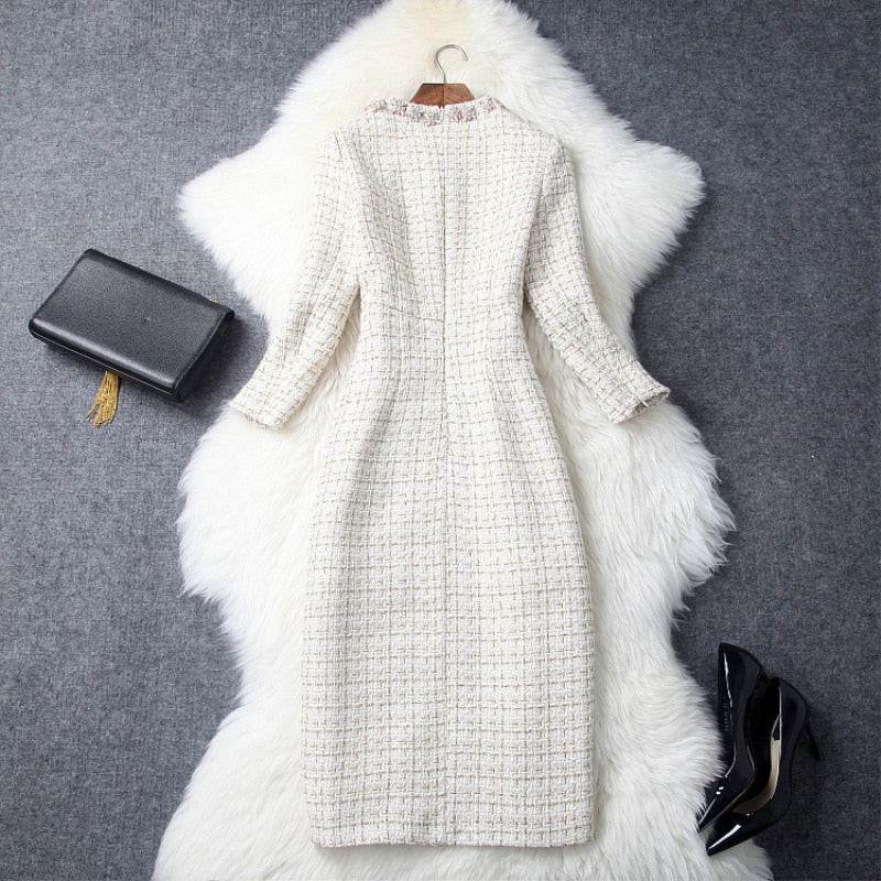 Luxury Diamonds Plaid Tweed Woolen Dress Woman