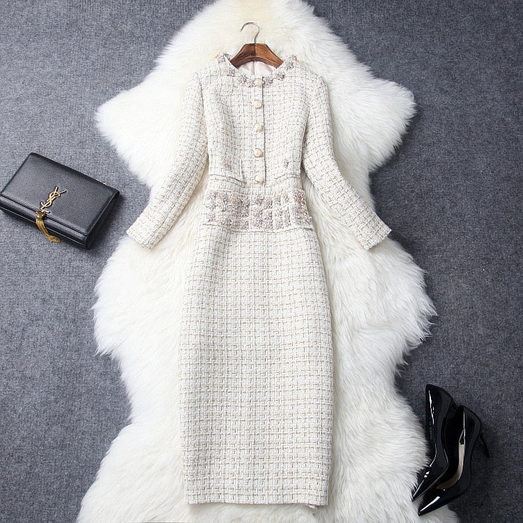 Luxury Diamonds Plaid Tweed Woolen Dress Woman