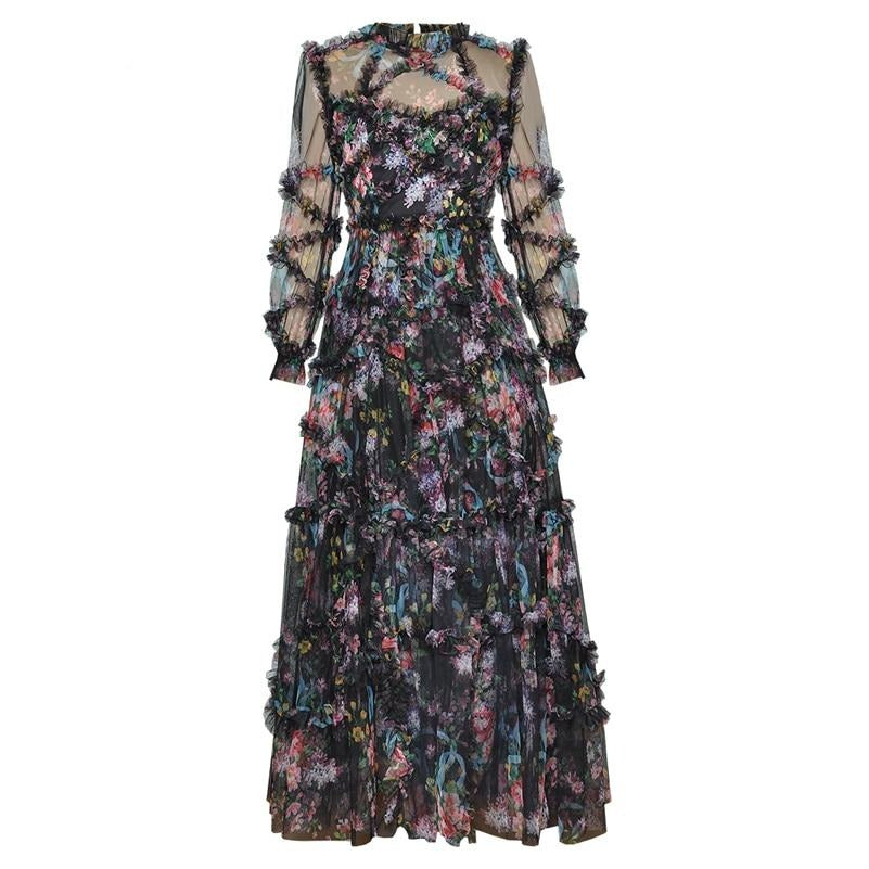 Women Long Sleeve Mesh Printed Ruffled  Slim Party Maxi Dress