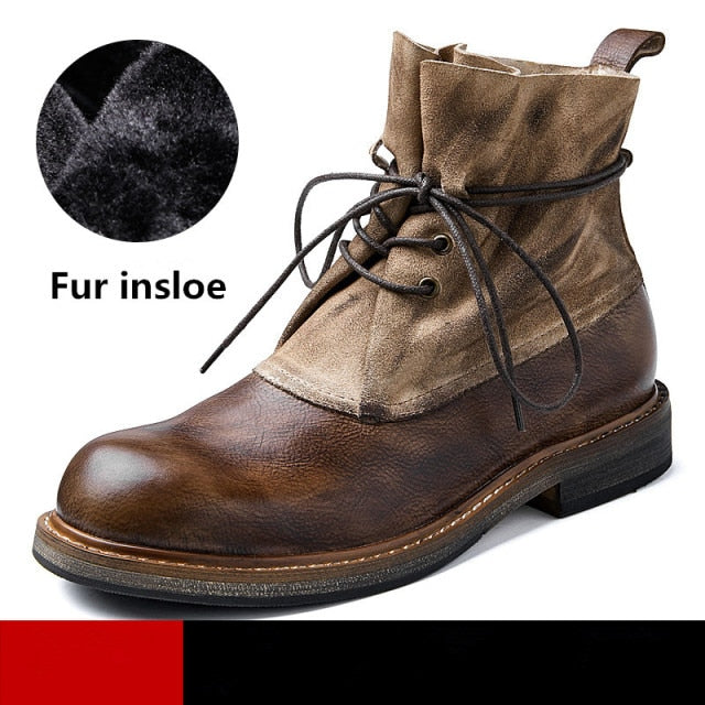 Men Lace Up Warm Fur Cowhide Ankle Boots  Mixed Color