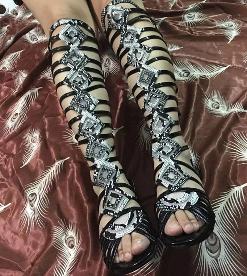 Shiny Snakeskin Mesh Patched Strappy Thigh High Sandals Boots