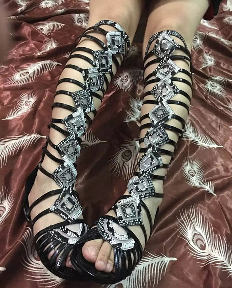 Shiny Snakeskin Mesh Patched Strappy Thigh High Sandals Boots