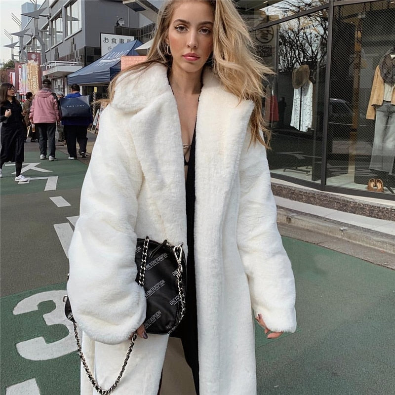 Winter Long White Fluffy Faux Fur Coat