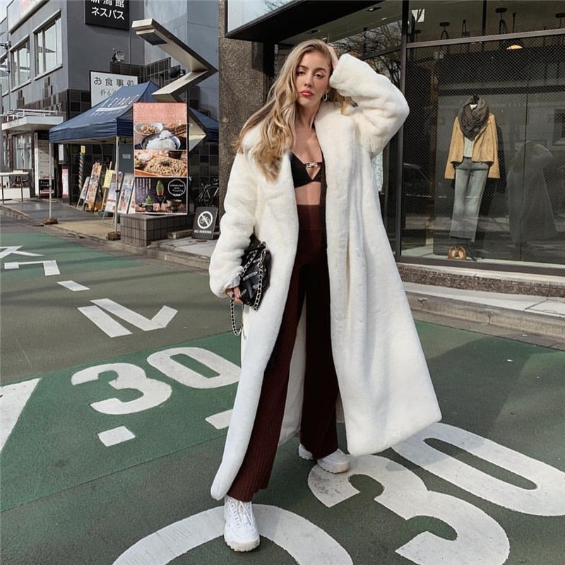 Winter Long White Fluffy Faux Fur Coat