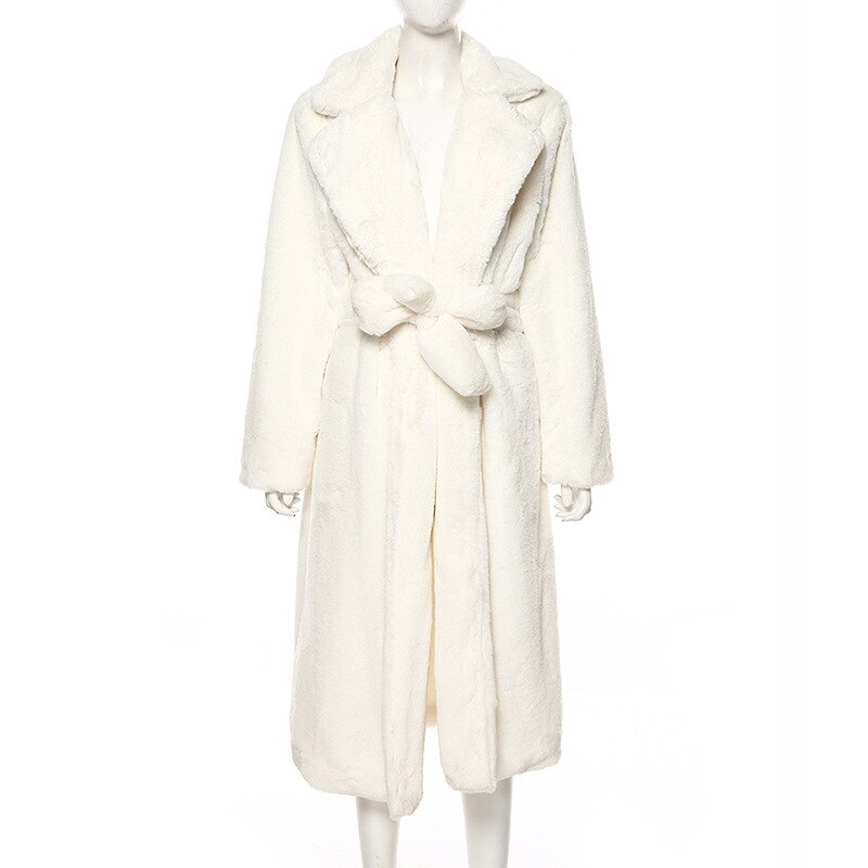 Winter Long White Fluffy Faux Fur Coat